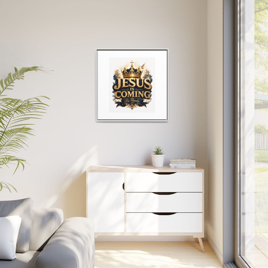Framed Matte Canvas — "Jesus Is Coming" Gold Crown Christian Wall Art