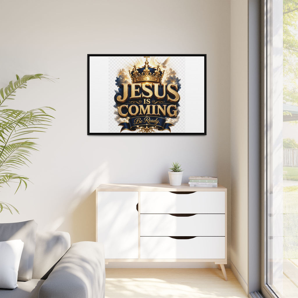 Framed Matte Canvas — "Jesus Is Coming" Gold Crown Christian Wall Art