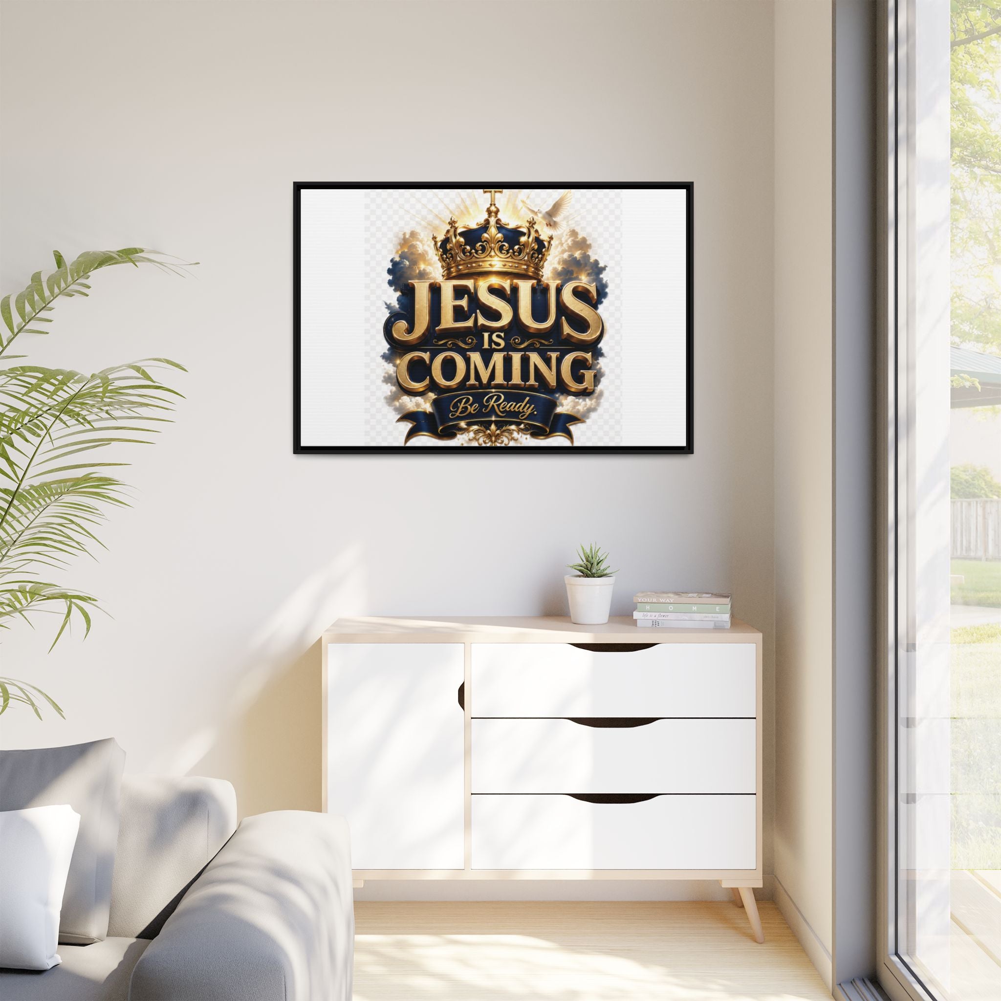 Framed Matte Canvas — "Jesus Is Coming" Gold Crown Christian Wall Art