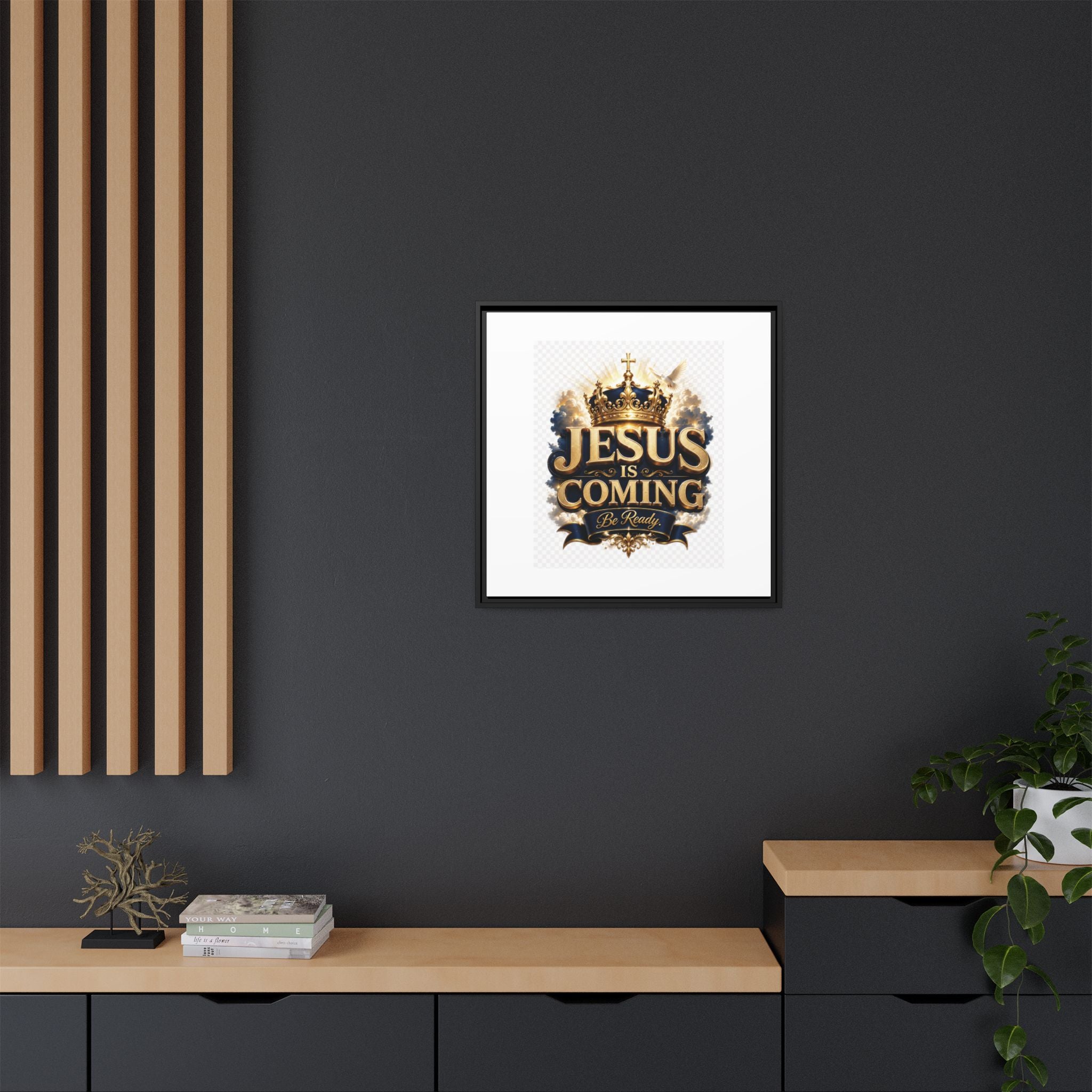 Framed Matte Canvas — "Jesus Is Coming" Gold Crown Christian Wall Art
