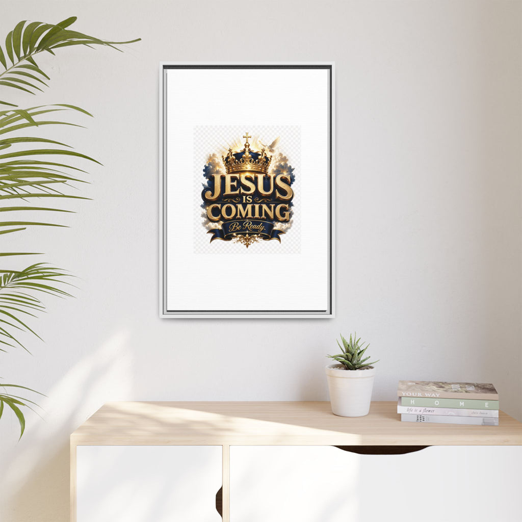 Framed Matte Canvas — "Jesus Is Coming" Gold Crown Christian Wall Art