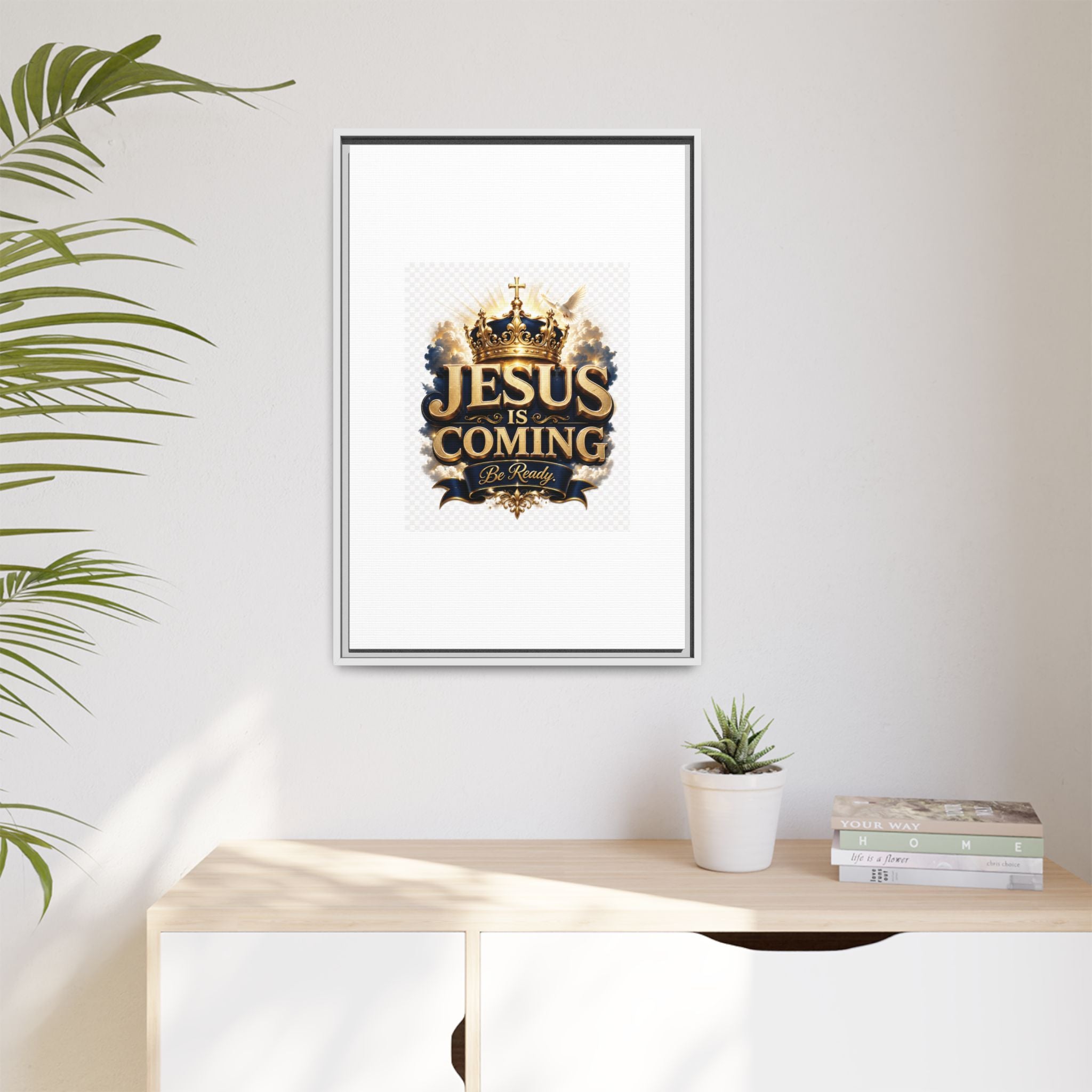 Framed Matte Canvas — "Jesus Is Coming" Gold Crown Christian Wall Art