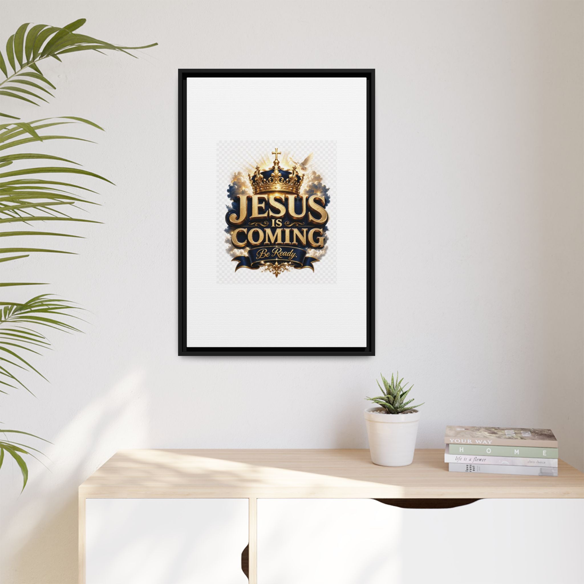 Framed Matte Canvas — "Jesus Is Coming" Gold Crown Christian Wall Art