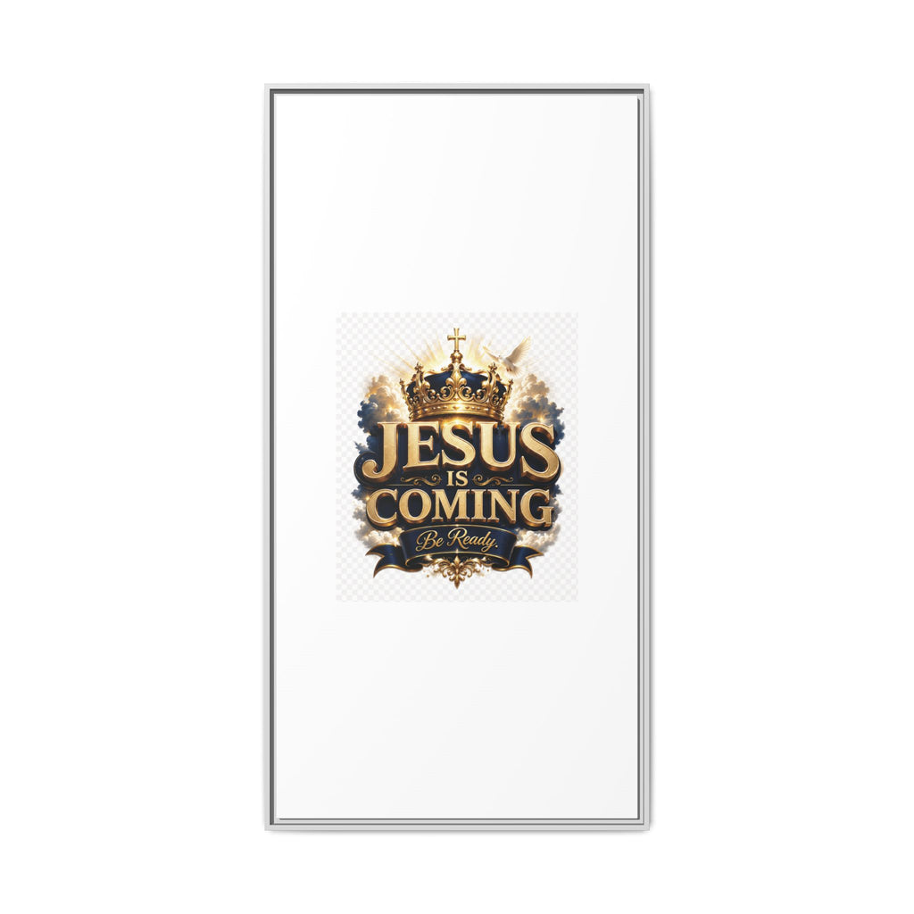 Framed Matte Canvas — "Jesus Is Coming" Gold Crown Christian Wall Art