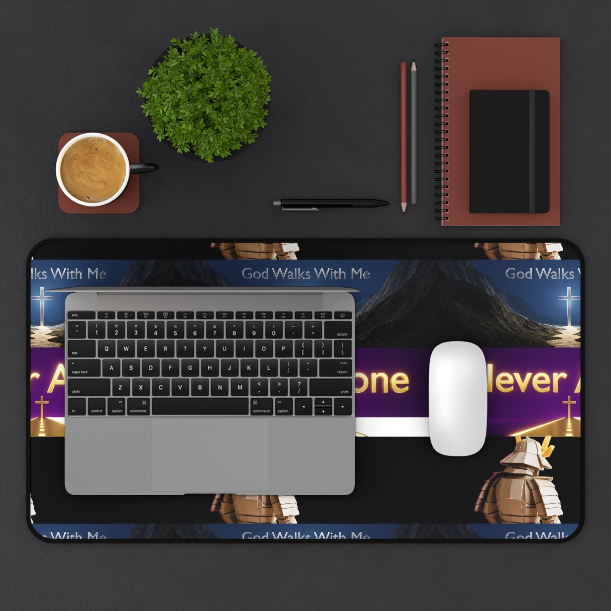 Never Alone Desk Mat — Christian Faith Prayer Desk Mat with Cross & Shepherd Design