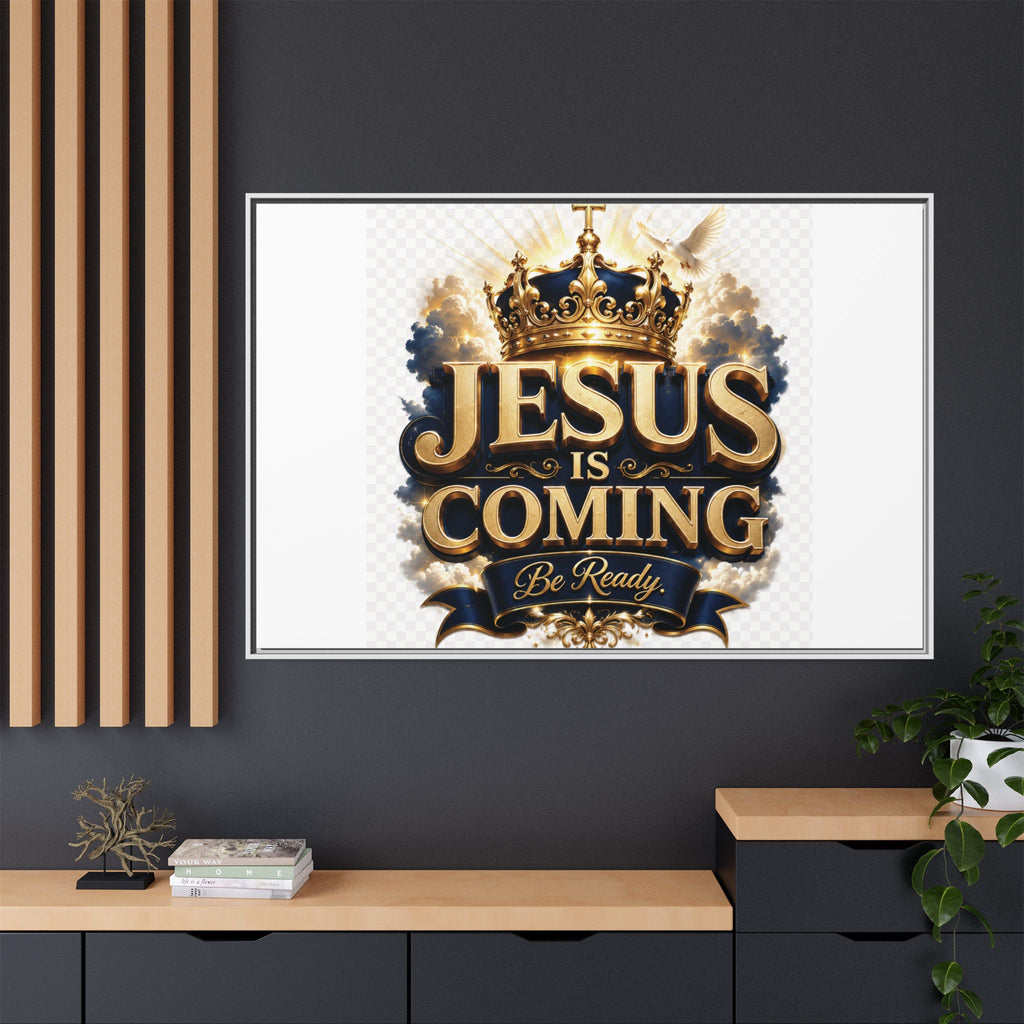 Framed Matte Canvas — "Jesus Is Coming" Gold Crown Christian Wall Art