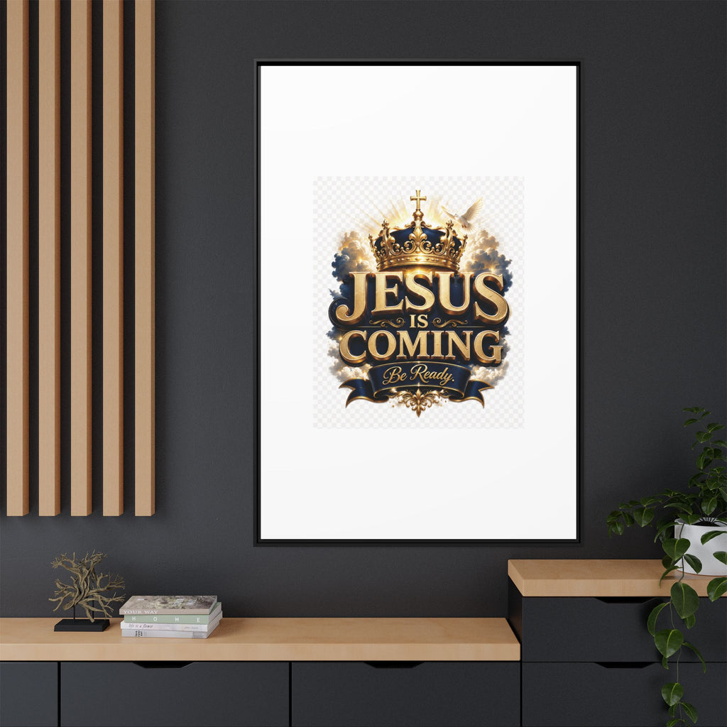 Framed Matte Canvas — "Jesus Is Coming" Gold Crown Christian Wall Art