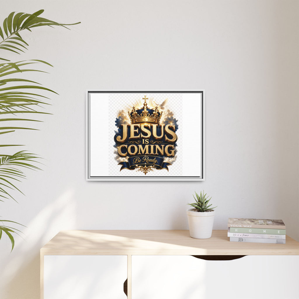 Framed Matte Canvas — "Jesus Is Coming" Gold Crown Christian Wall Art
