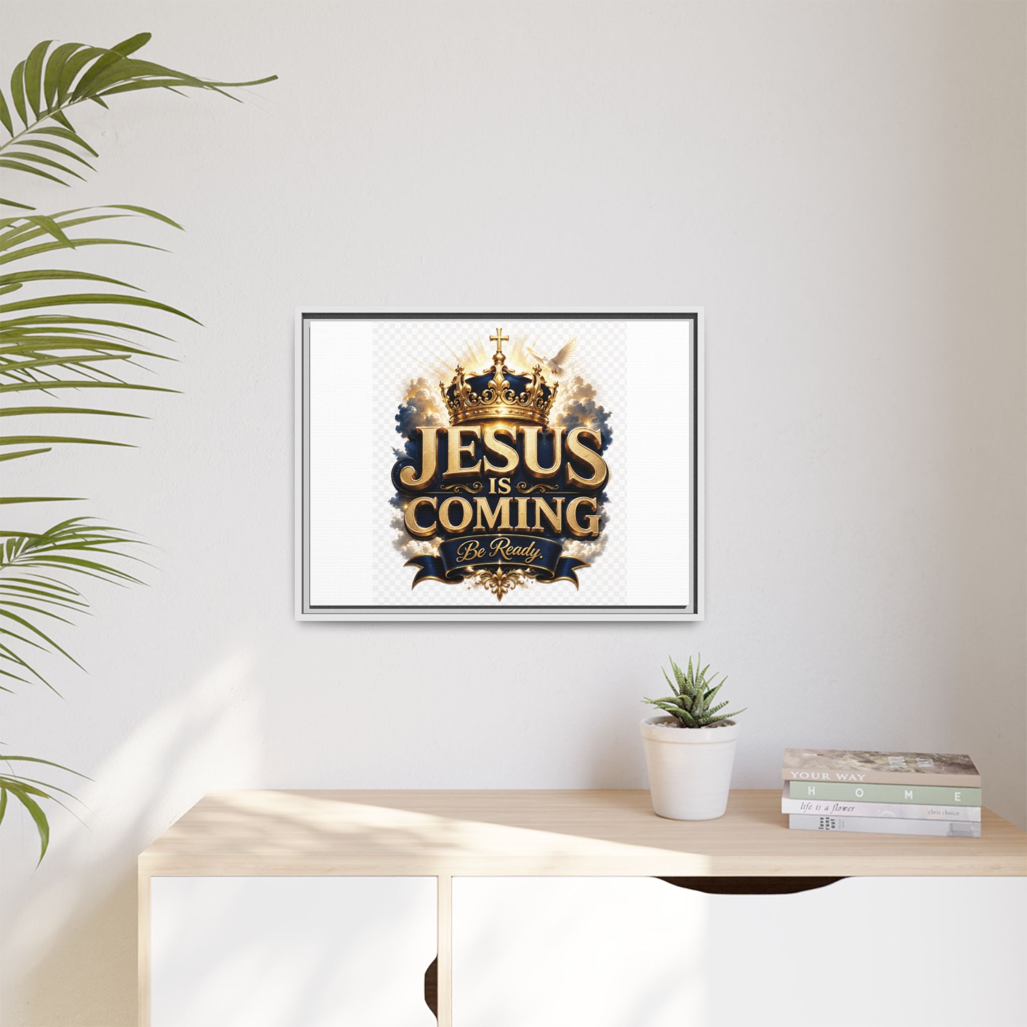 Framed Matte Canvas — "Jesus Is Coming" Gold Crown Christian Wall Art