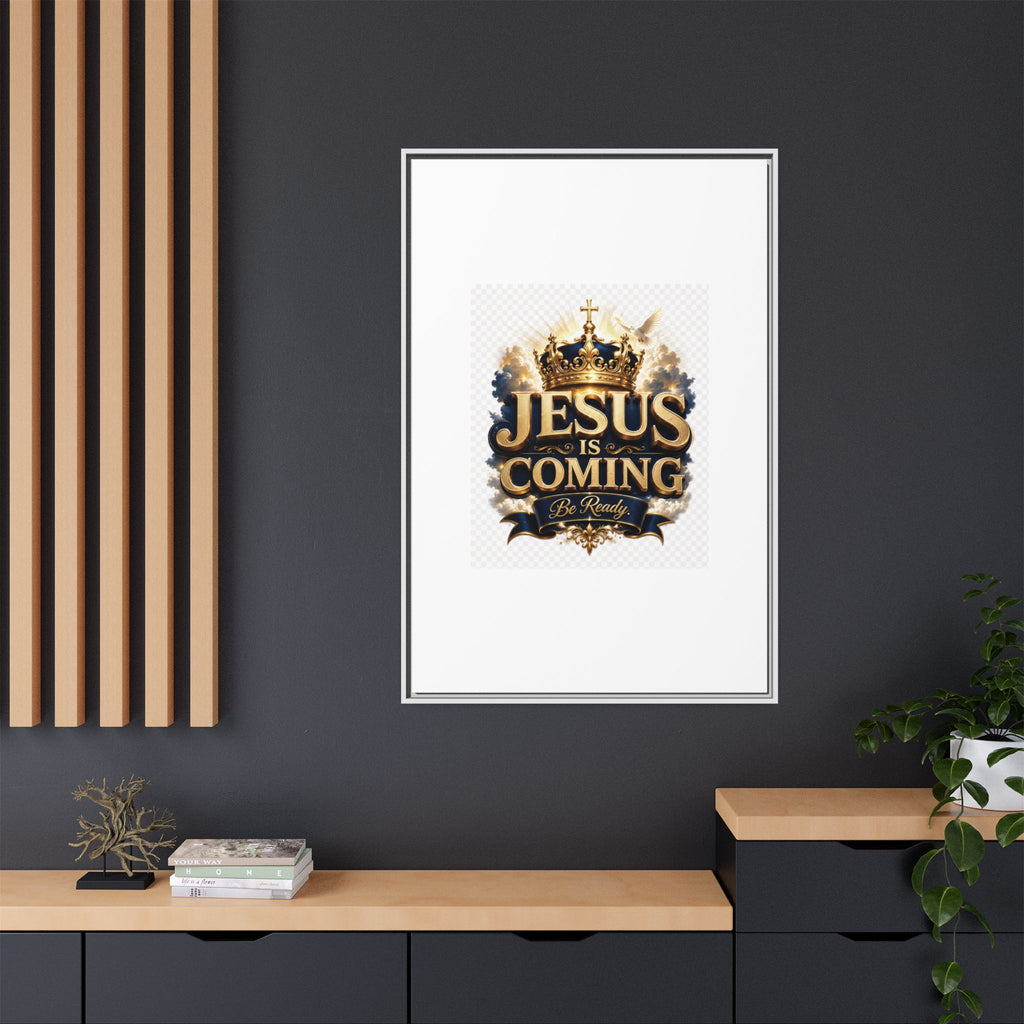 Framed Matte Canvas — "Jesus Is Coming" Gold Crown Christian Wall Art