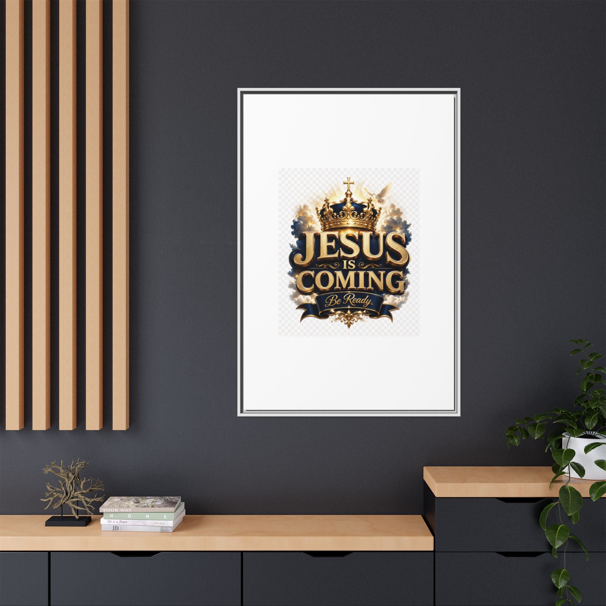Framed Matte Canvas — "Jesus Is Coming" Gold Crown Christian Wall Art