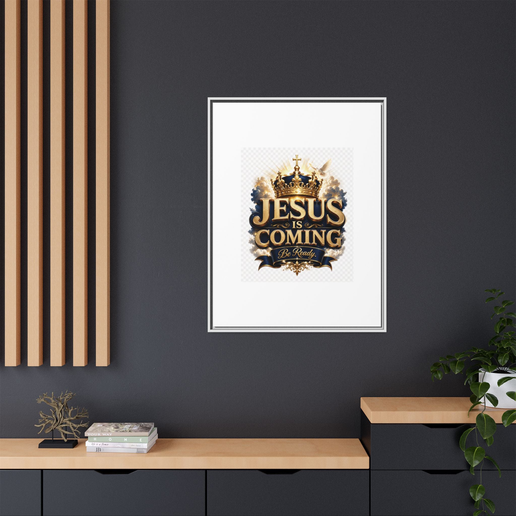 Framed Matte Canvas — "Jesus Is Coming" Gold Crown Christian Wall Art