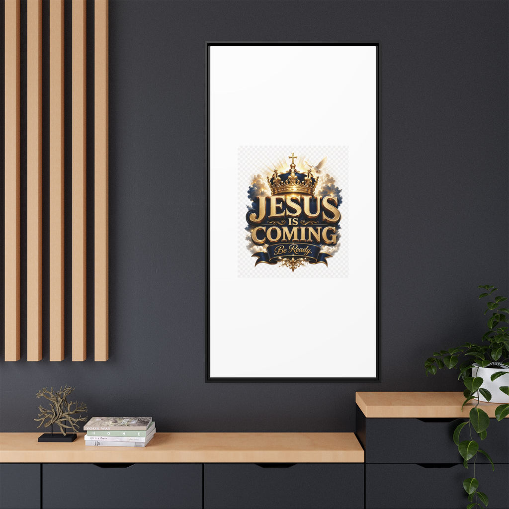 Framed Matte Canvas — "Jesus Is Coming" Gold Crown Christian Wall Art