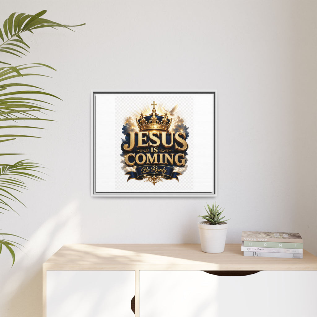 Framed Matte Canvas — "Jesus Is Coming" Gold Crown Christian Wall Art