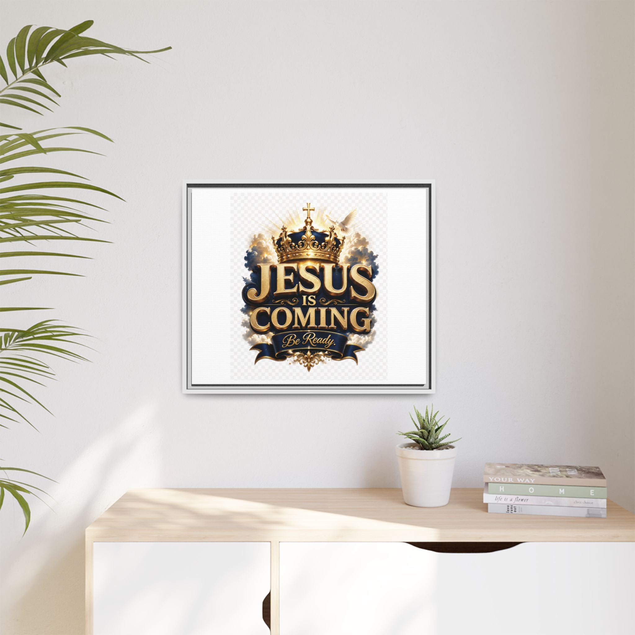 Framed Matte Canvas — "Jesus Is Coming" Gold Crown Christian Wall Art