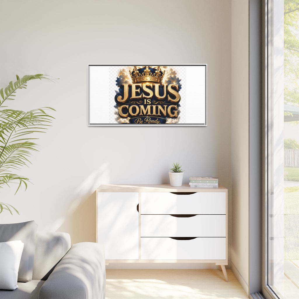 Framed Matte Canvas — "Jesus Is Coming" Gold Crown Christian Wall Art