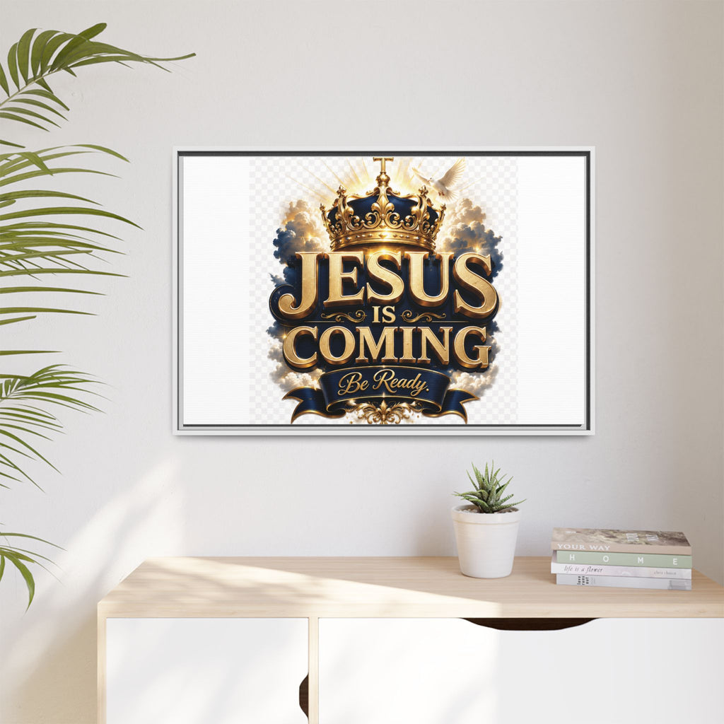 Framed Matte Canvas — "Jesus Is Coming" Gold Crown Christian Wall Art
