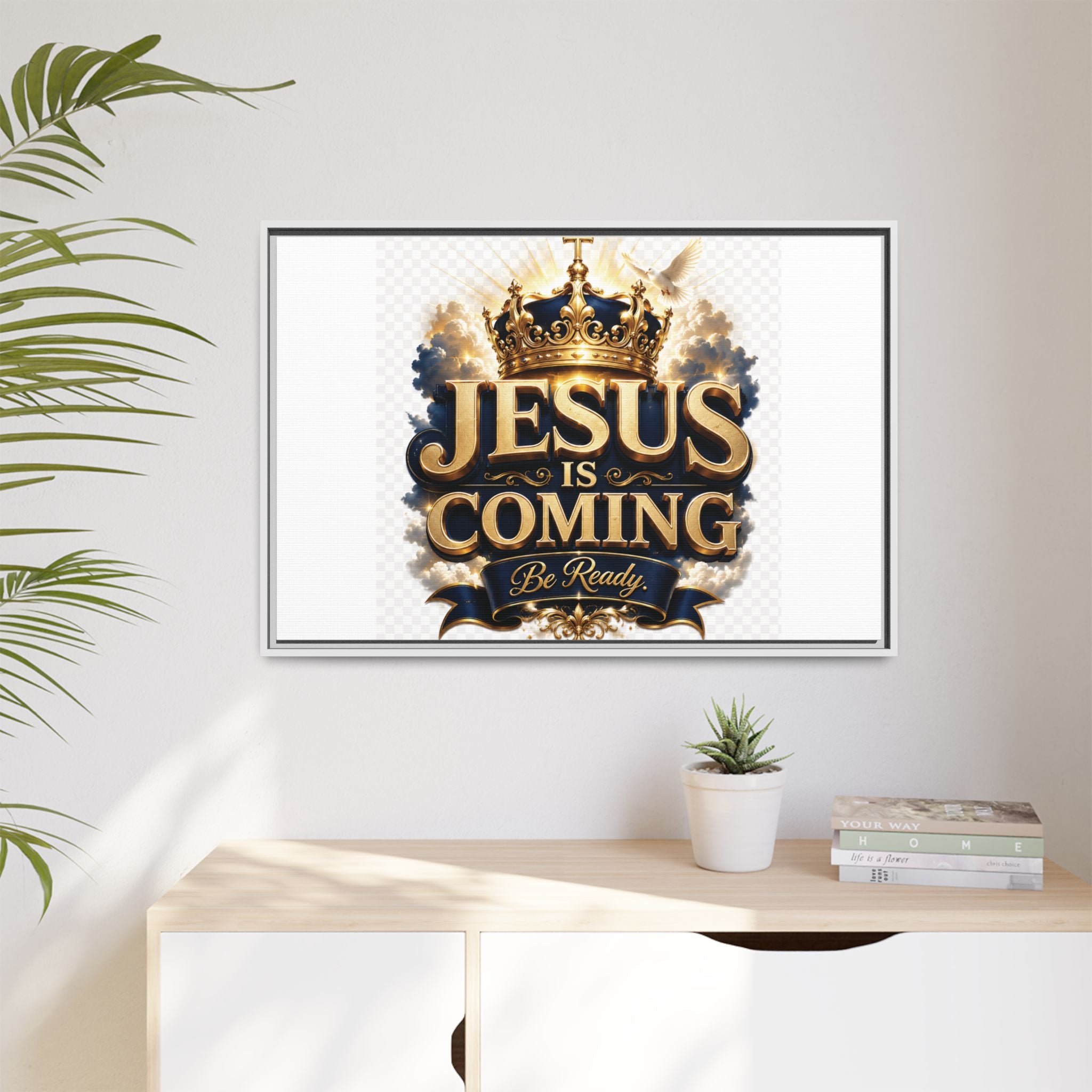 Framed Matte Canvas — "Jesus Is Coming" Gold Crown Christian Wall Art
