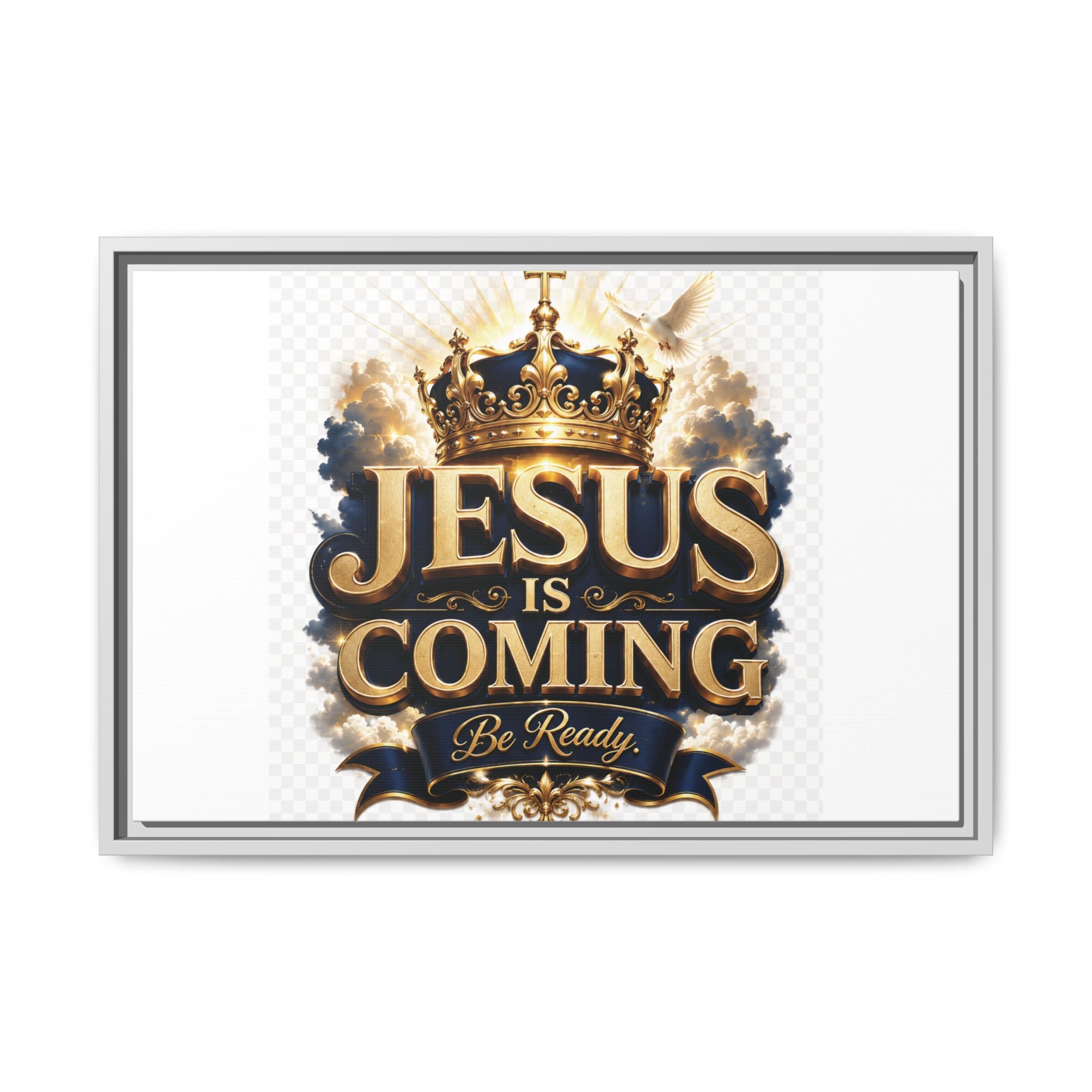 Framed Matte Canvas — "Jesus Is Coming" Gold Crown Christian Wall Art