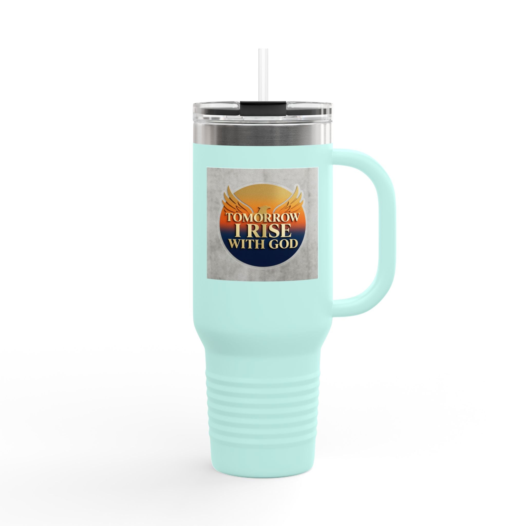 Insulated Travel Mug 40oz — "Tomorrow I Rise With God" Sunrise Faith Tumbler