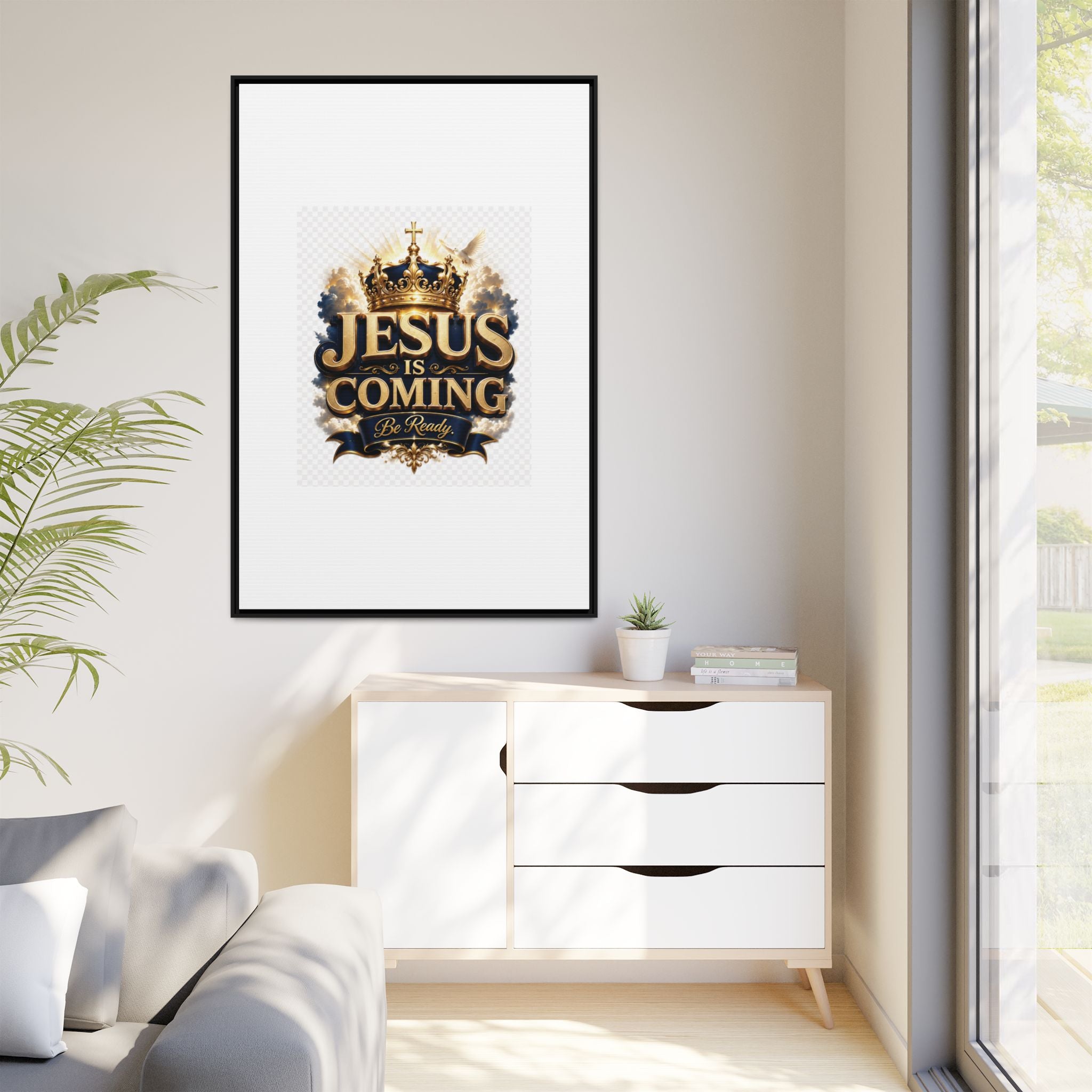 Framed Matte Canvas — "Jesus Is Coming" Gold Crown Christian Wall Art