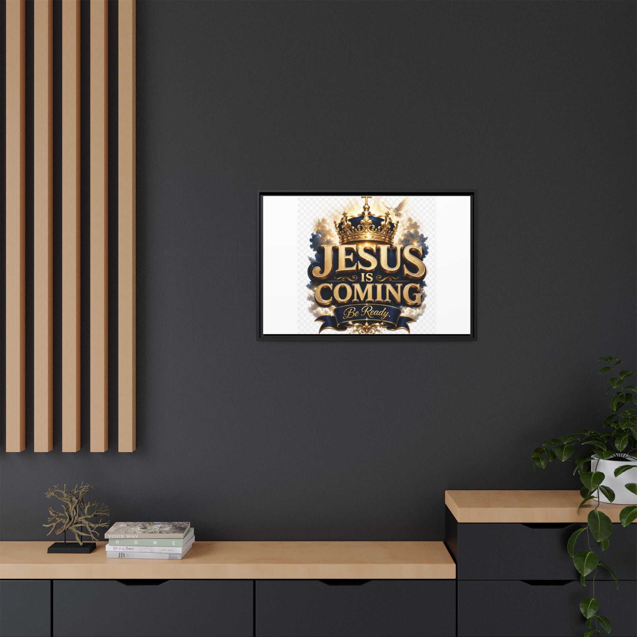 Framed Matte Canvas — "Jesus Is Coming" Gold Crown Christian Wall Art