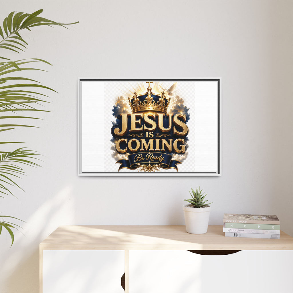 Framed Matte Canvas — "Jesus Is Coming" Gold Crown Christian Wall Art