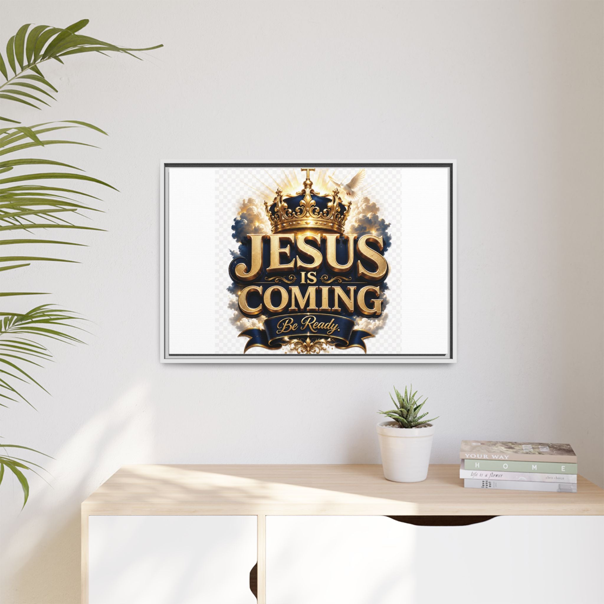 Framed Matte Canvas — "Jesus Is Coming" Gold Crown Christian Wall Art