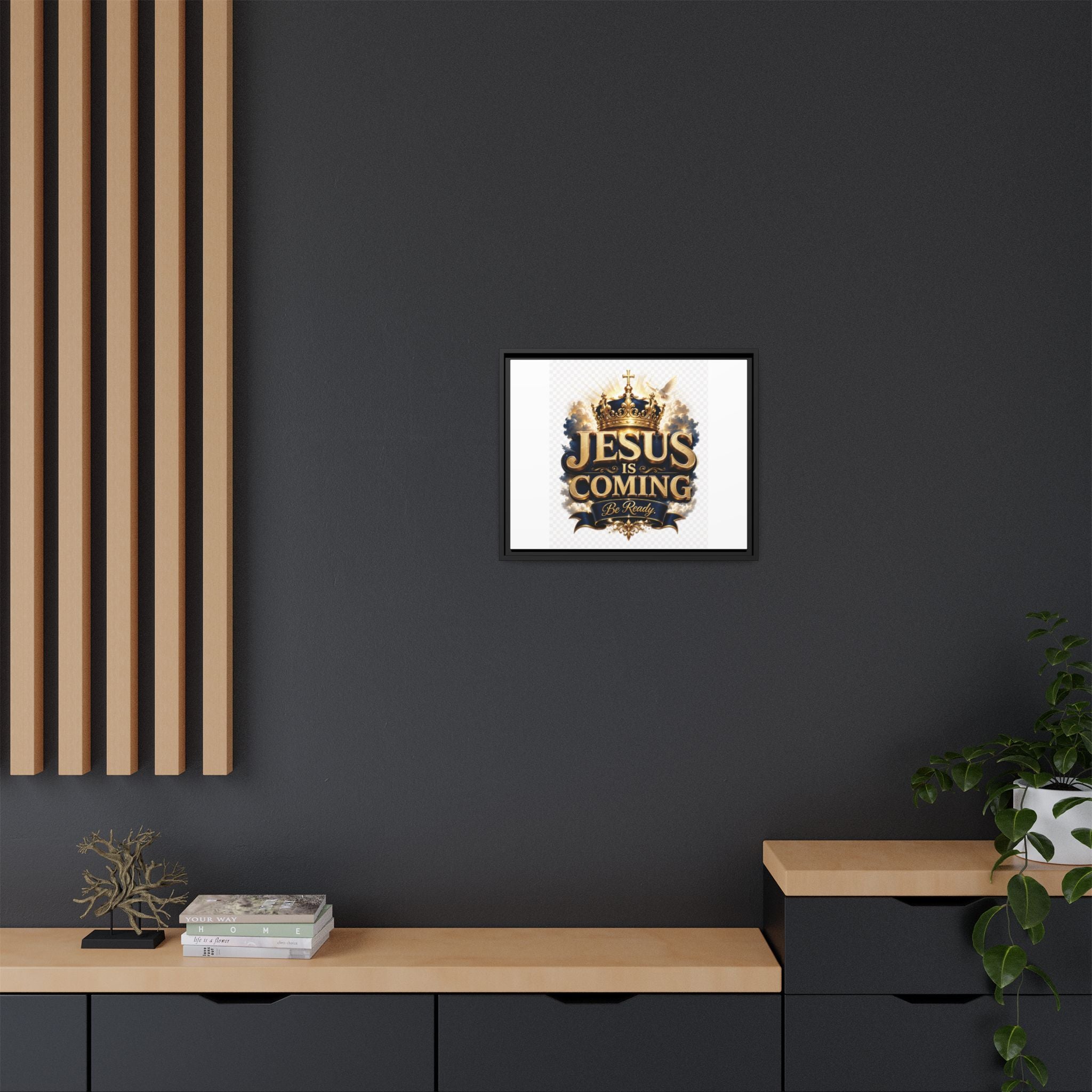 Framed Matte Canvas — "Jesus Is Coming" Gold Crown Christian Wall Art