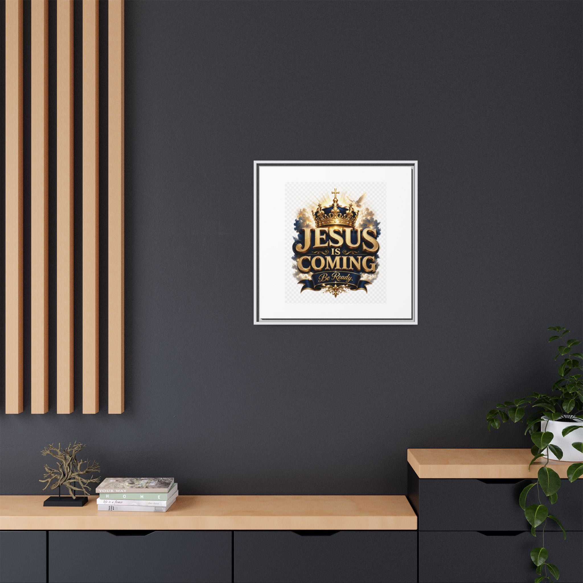 Framed Matte Canvas — "Jesus Is Coming" Gold Crown Christian Wall Art