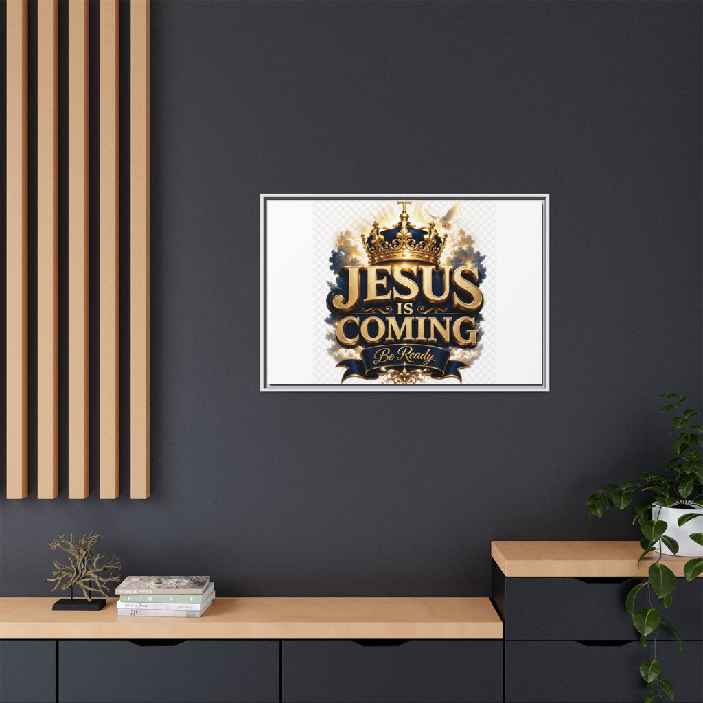 Framed Matte Canvas — "Jesus Is Coming" Gold Crown Christian Wall Art