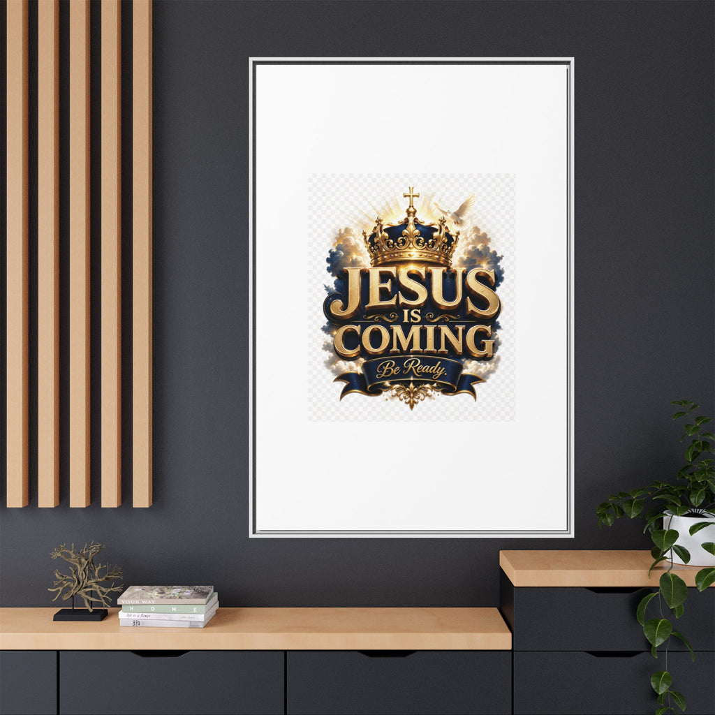 Framed Matte Canvas — "Jesus Is Coming" Gold Crown Christian Wall Art