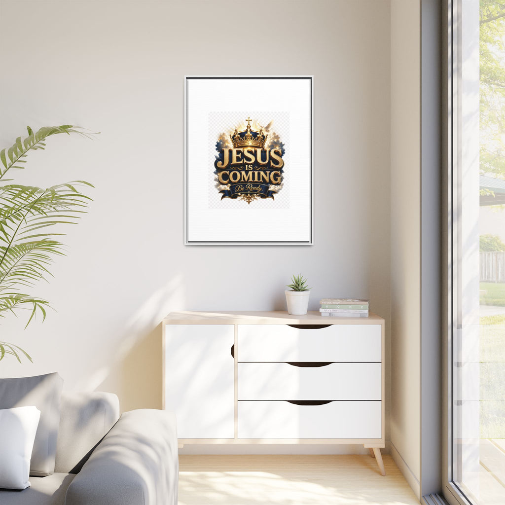 Framed Matte Canvas — "Jesus Is Coming" Gold Crown Christian Wall Art