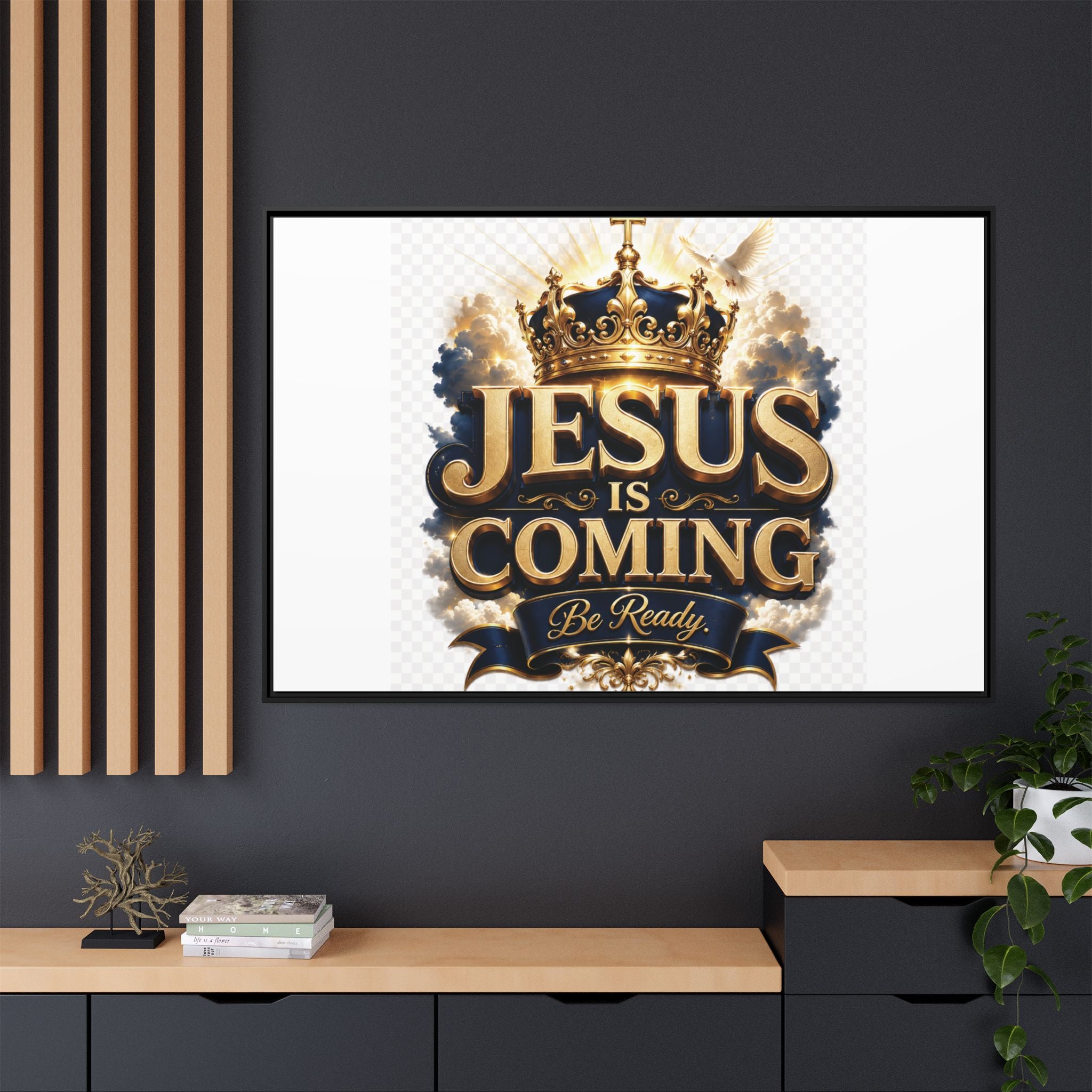 Framed Matte Canvas — "Jesus Is Coming" Gold Crown Christian Wall Art