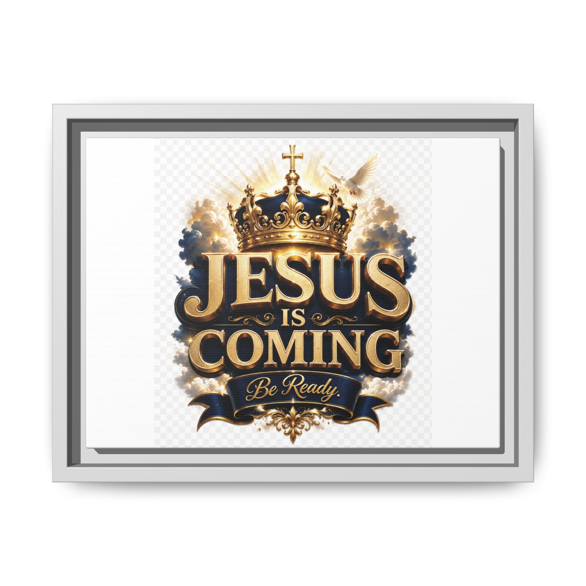 Framed Matte Canvas — "Jesus Is Coming" Gold Crown Christian Wall Art