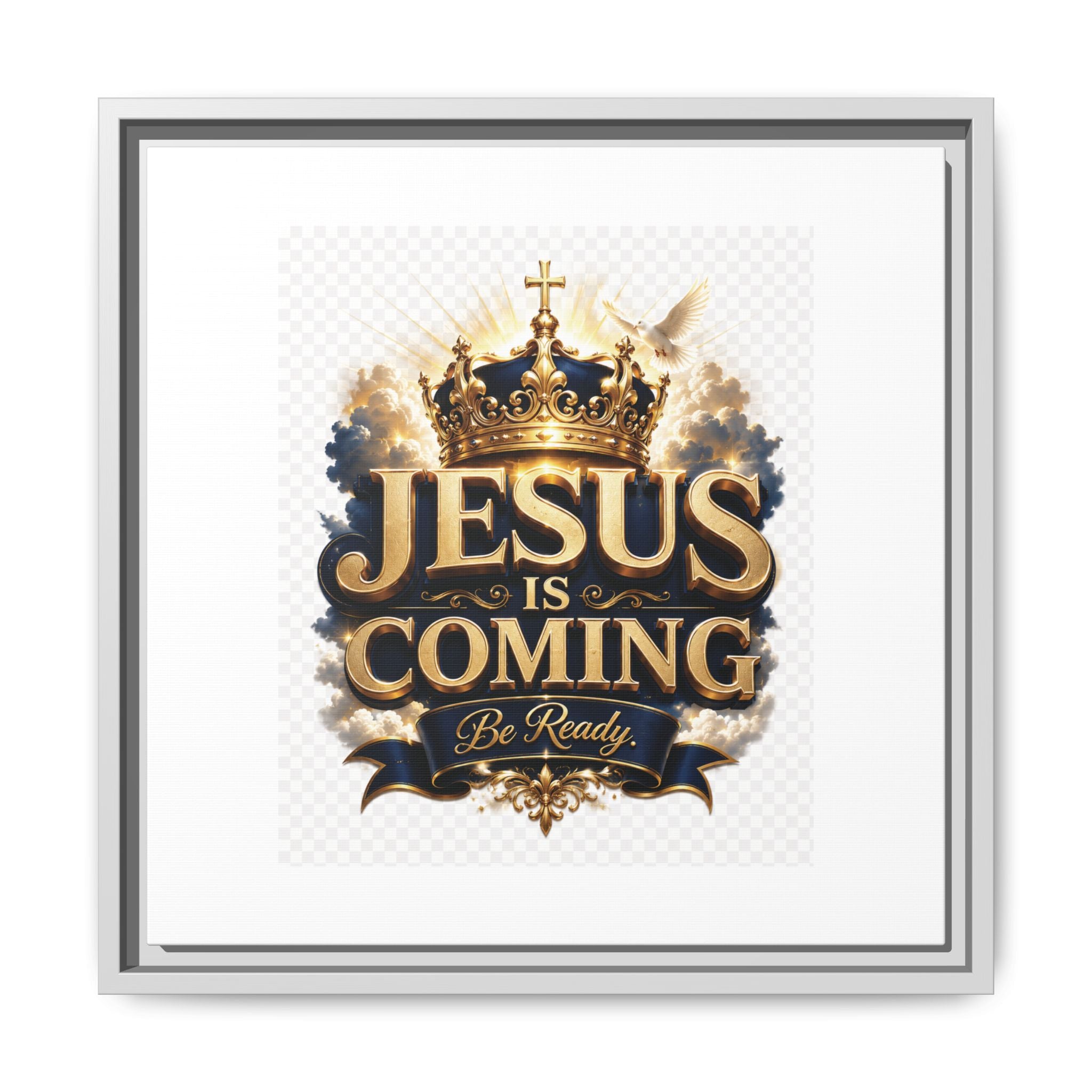 Framed Matte Canvas — "Jesus Is Coming" Gold Crown Christian Wall Art