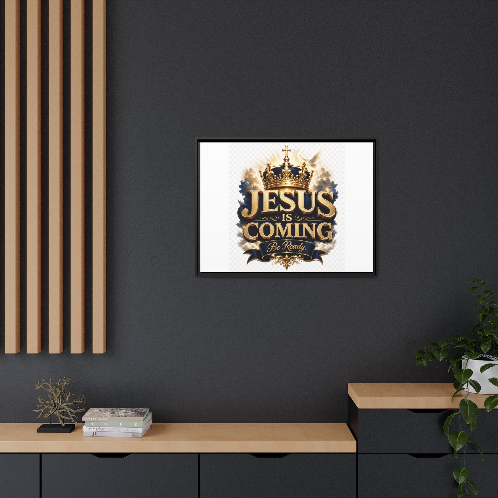 Framed Matte Canvas — "Jesus Is Coming" Gold Crown Christian Wall Art