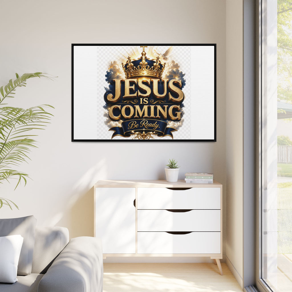 Framed Matte Canvas — "Jesus Is Coming" Gold Crown Christian Wall Art