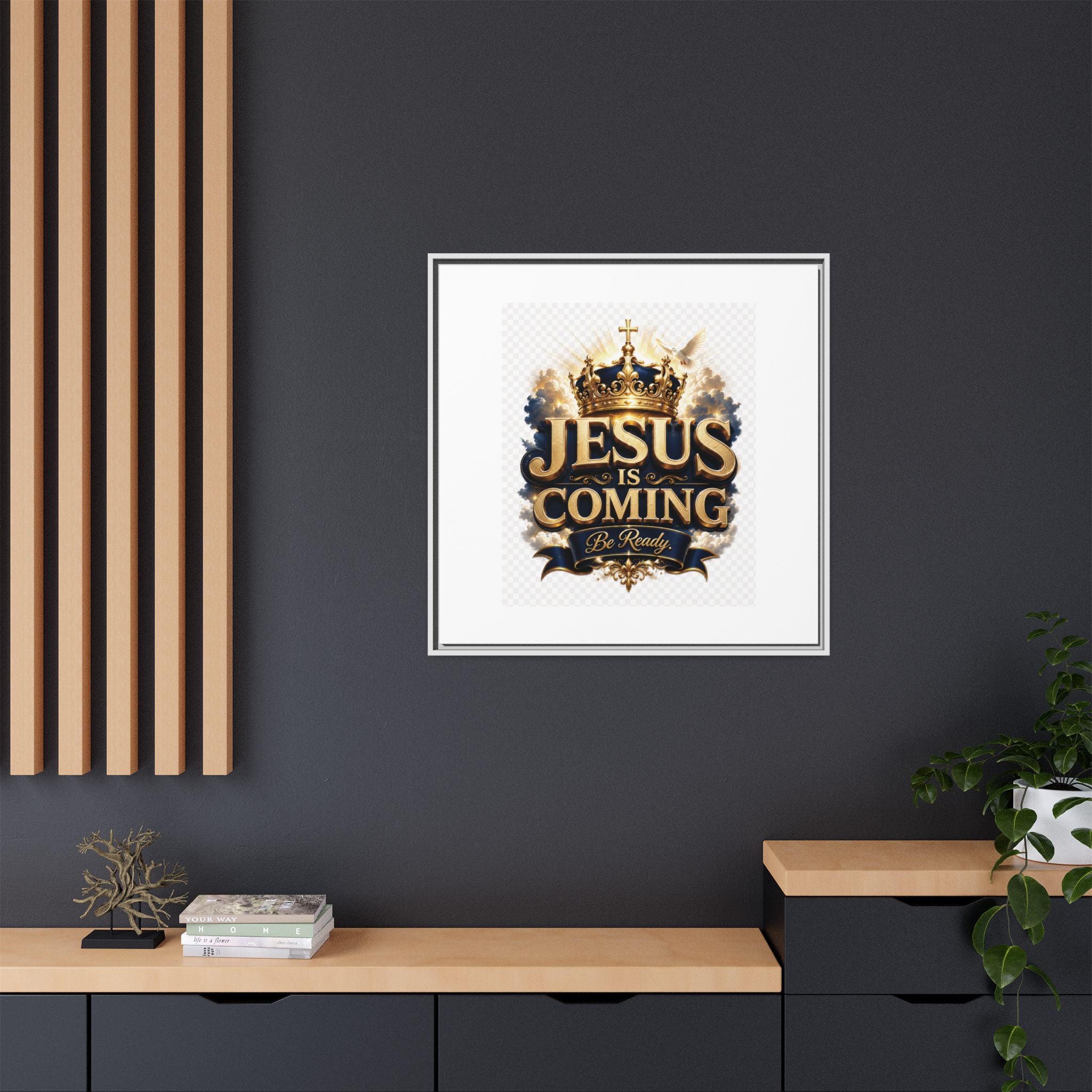 Framed Matte Canvas — "Jesus Is Coming" Gold Crown Christian Wall Art