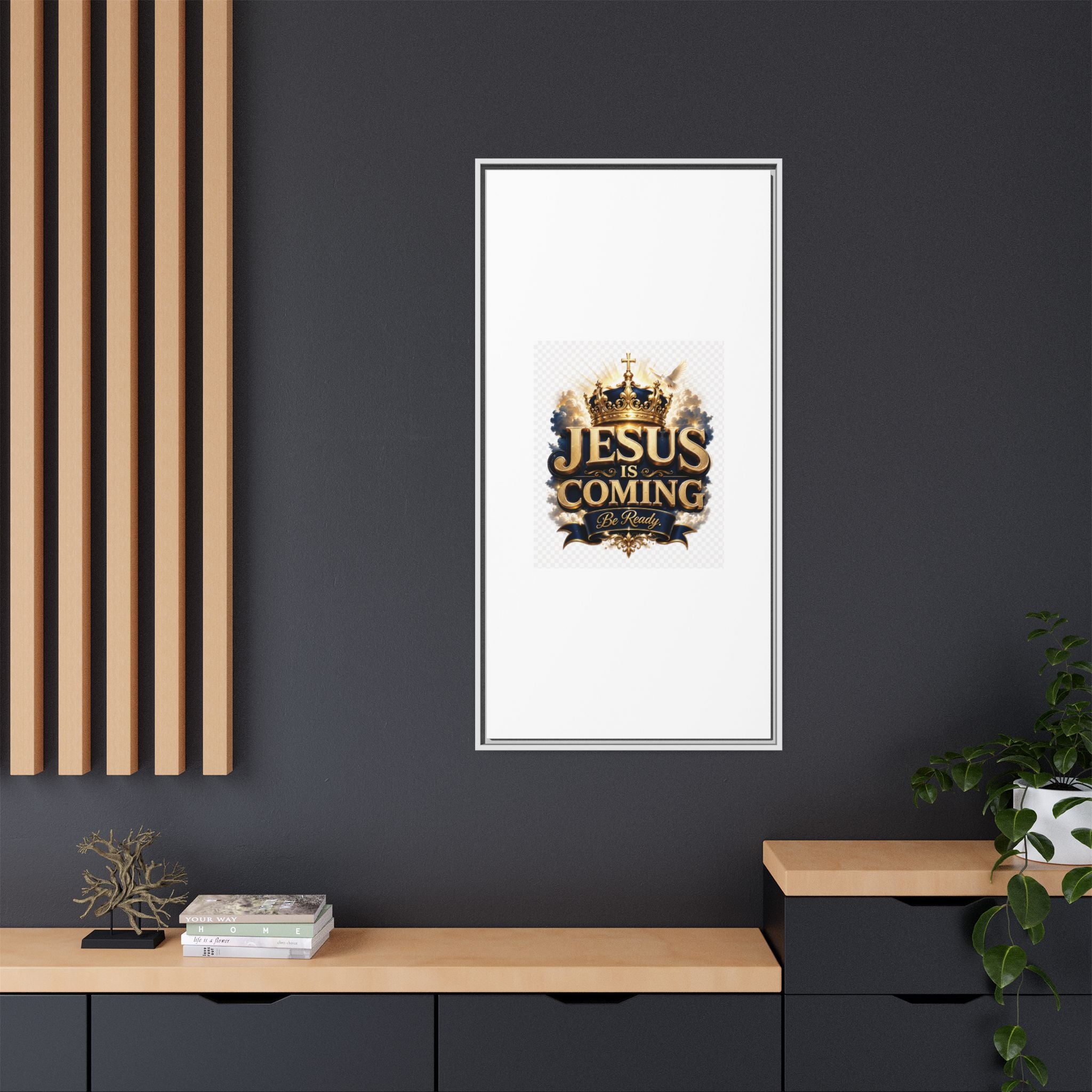 Framed Matte Canvas — "Jesus Is Coming" Gold Crown Christian Wall Art