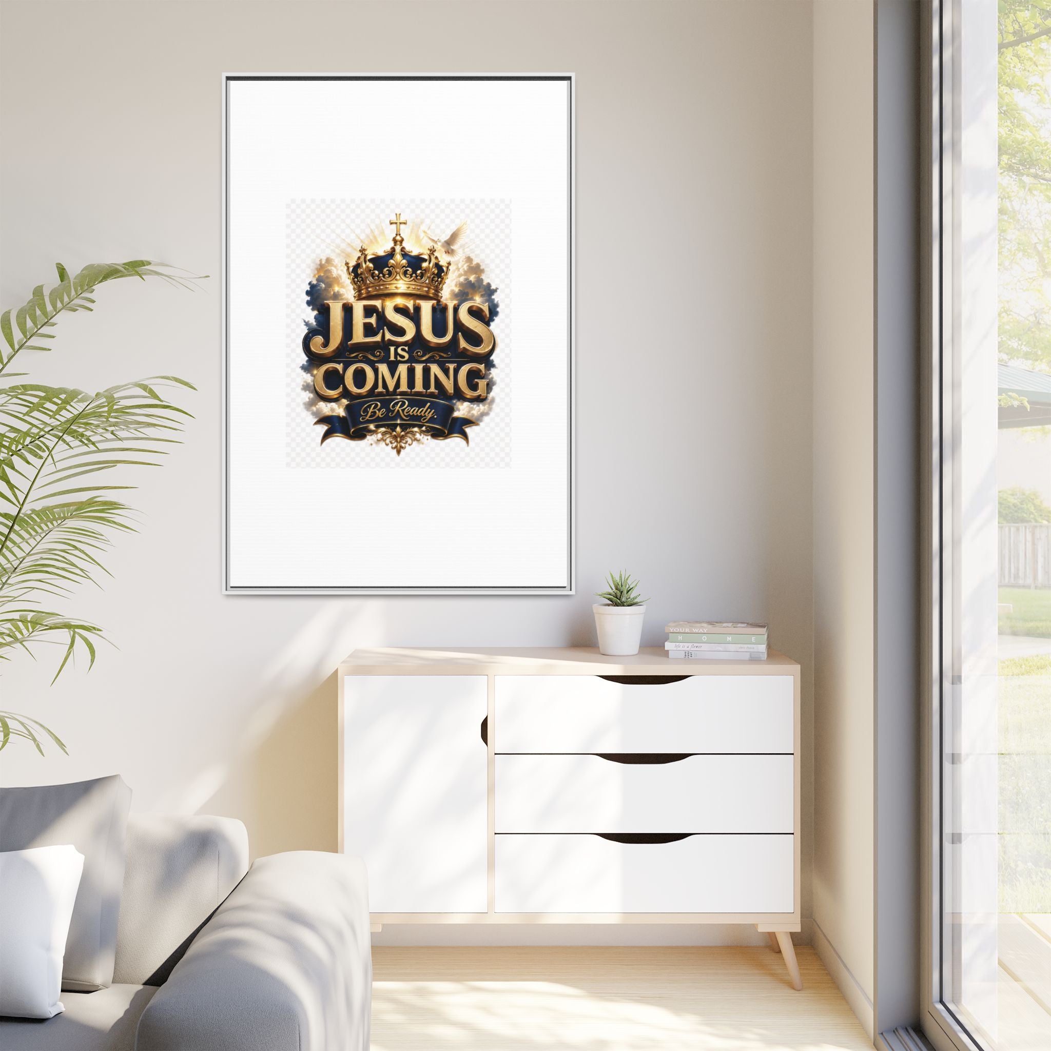 Framed Matte Canvas — "Jesus Is Coming" Gold Crown Christian Wall Art