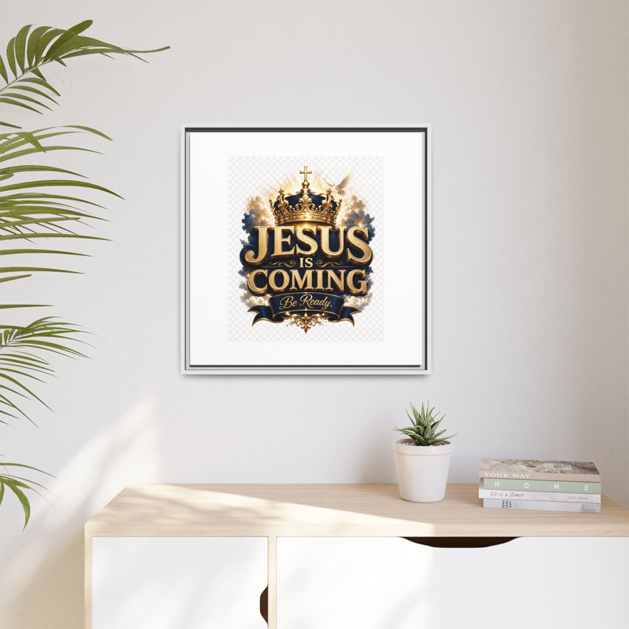 Framed Matte Canvas — "Jesus Is Coming" Gold Crown Christian Wall Art