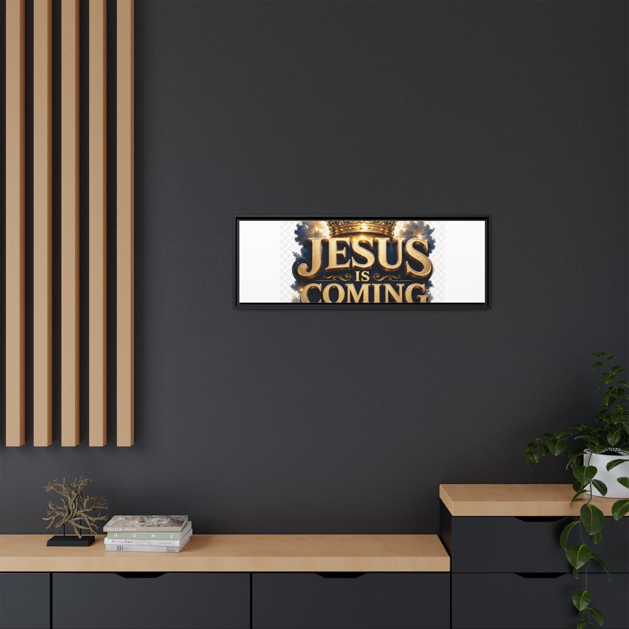 Framed Matte Canvas — "Jesus Is Coming" Gold Crown Christian Wall Art