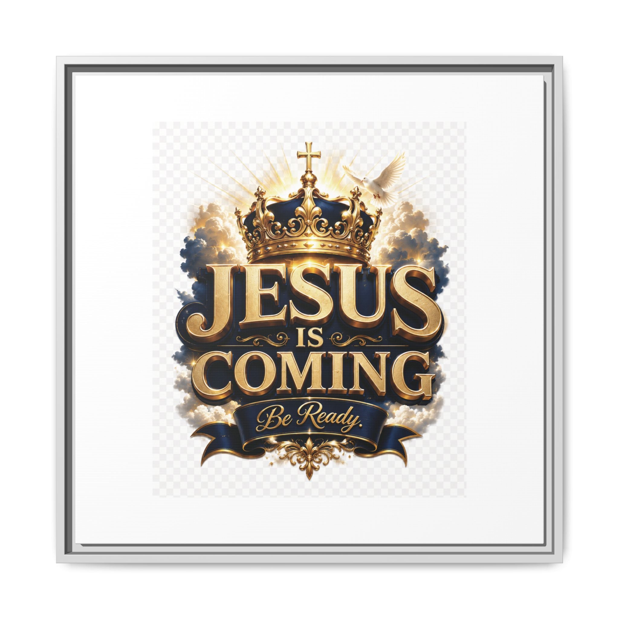 Framed Matte Canvas — "Jesus Is Coming" Gold Crown Christian Wall Art