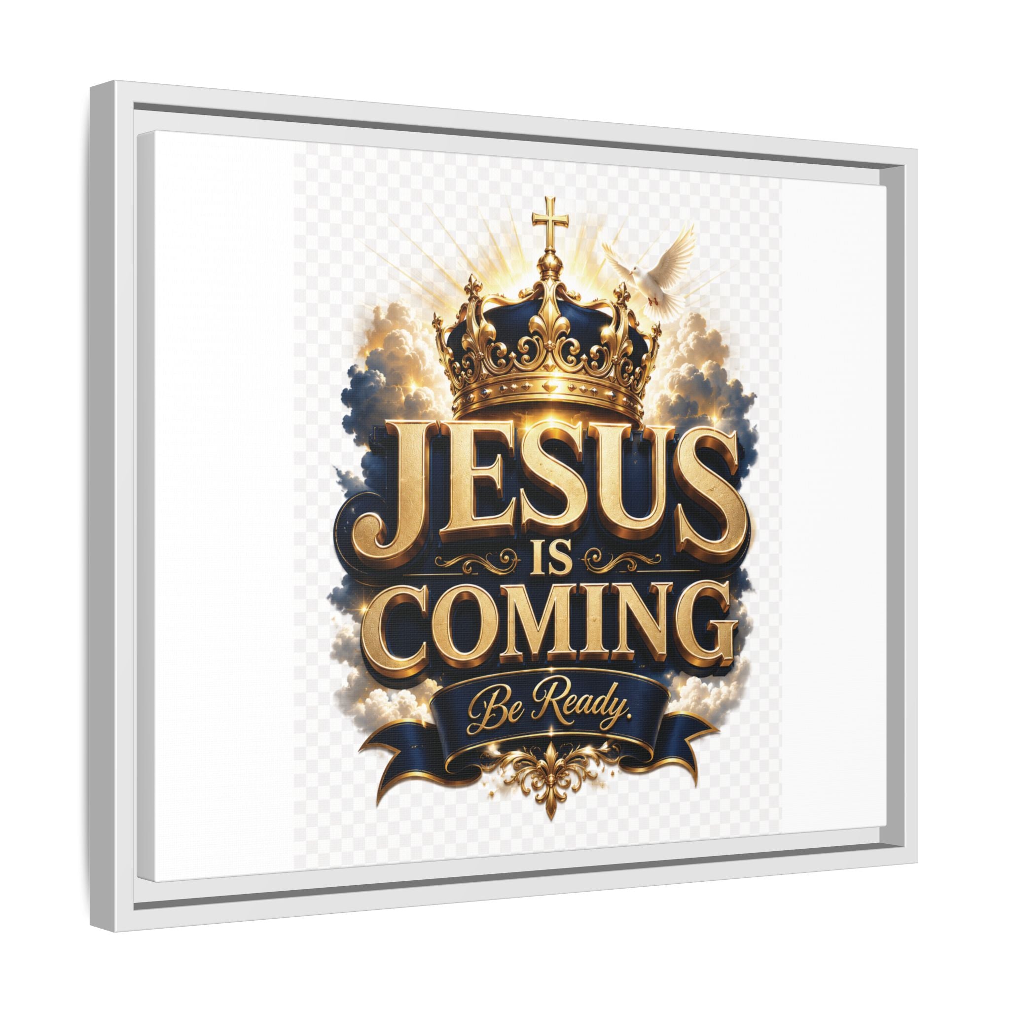 Framed Matte Canvas — "Jesus Is Coming" Gold Crown Christian Wall Art