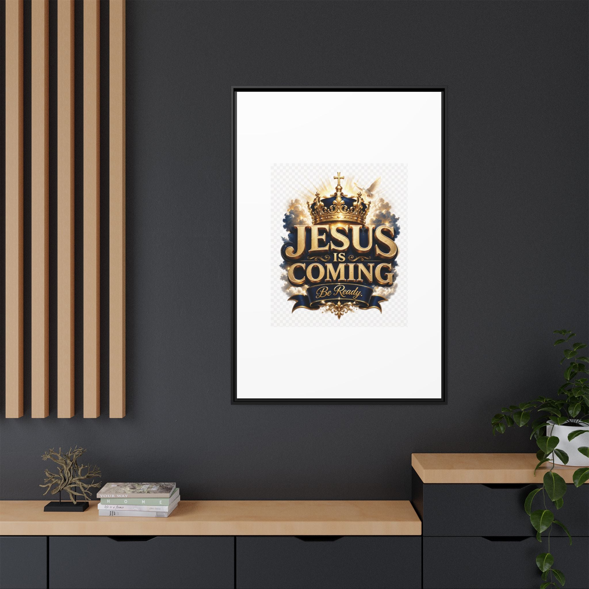 Framed Matte Canvas — "Jesus Is Coming" Gold Crown Christian Wall Art