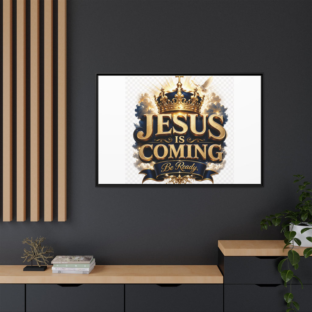 Framed Matte Canvas — "Jesus Is Coming" Gold Crown Christian Wall Art