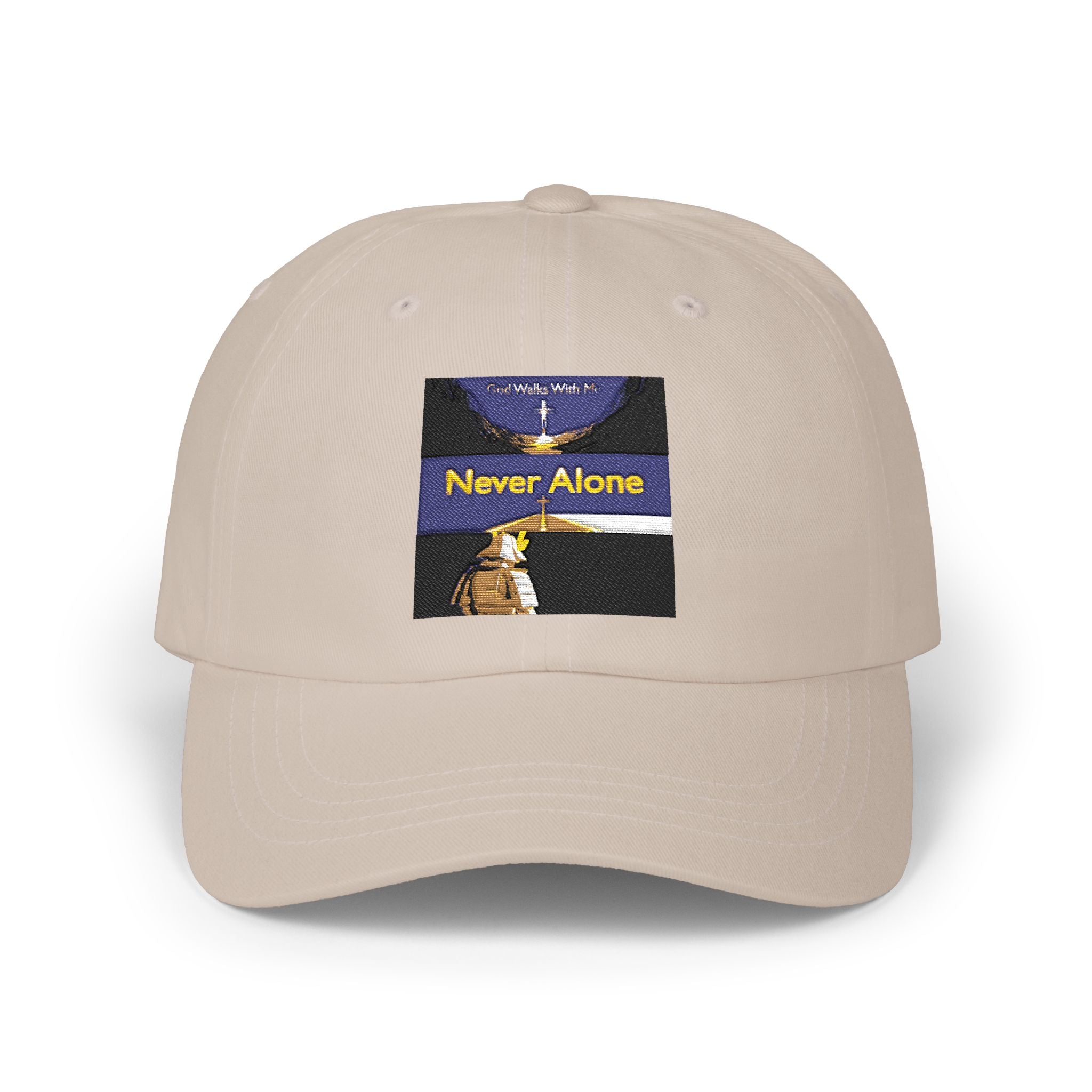 Dad Cap — "Never Alone" Dog & Moon Embroidered Baseball Hat