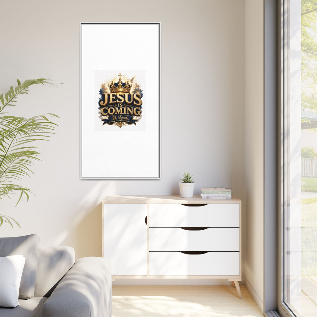 Framed Matte Canvas — "Jesus Is Coming" Gold Crown Christian Wall Art