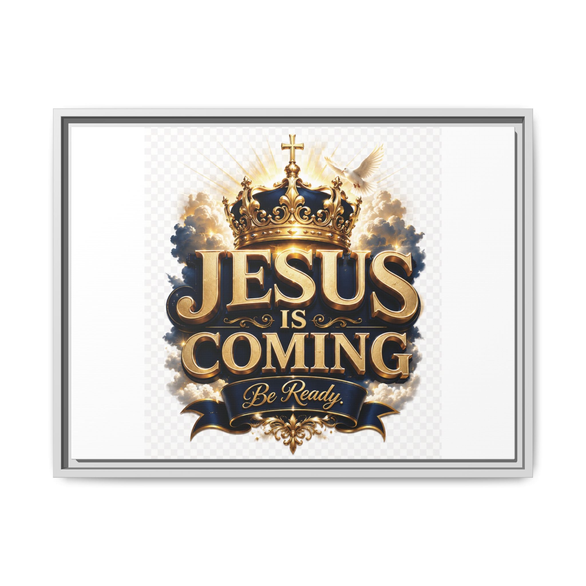 Framed Matte Canvas — "Jesus Is Coming" Gold Crown Christian Wall Art